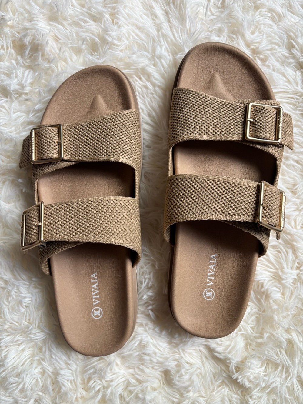 Vivaia Buckle Slide Sandals Tan Knit Womens Size 42 (US 11)